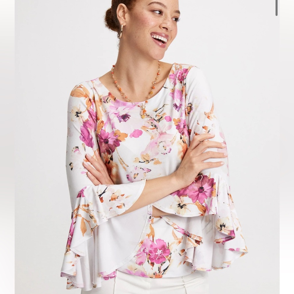 Laura Floral Long Bell Sleeve Top White